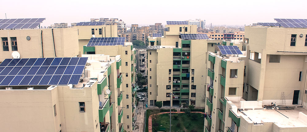 Solar panels on roofs in India Delhi.